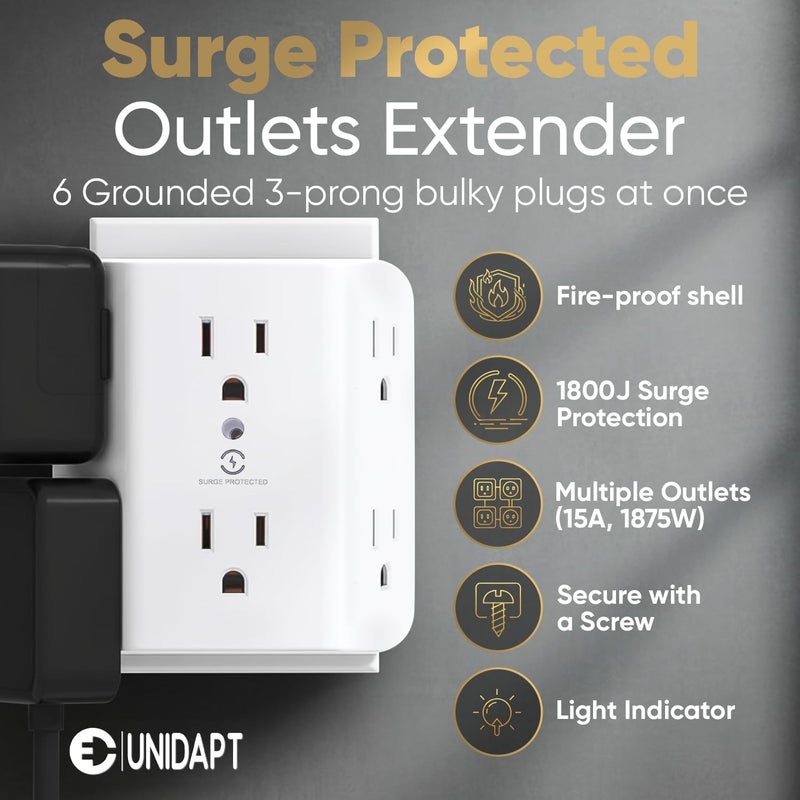 Unidapt 6 Outlet Wall Plug Extender 1-Pack, Surge Protector Power Strip 900J with 3-Sided Wide-Spaced Outlets, Multiple Charger Expander, Mountable Wall Tap for Home, Office & Travel - Image 2